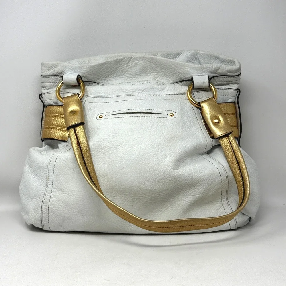 B Makowsky White Leather Hobo Bag Gold‎ Metallic Shoulder Bling Y2K Lux SMOKE
